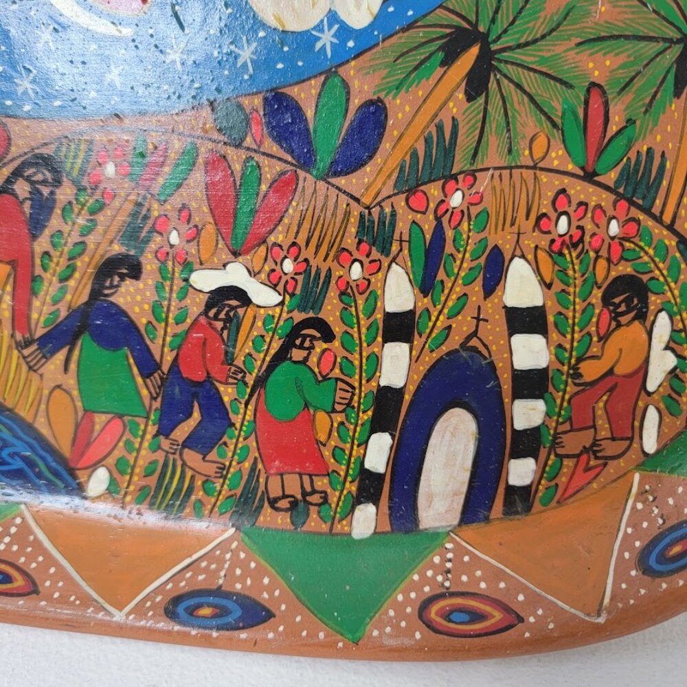 Mexican Hand Painted Folk Art Oval Clay Tray Platter Terracotta Wall Decor Fish - Picture 2 of 9